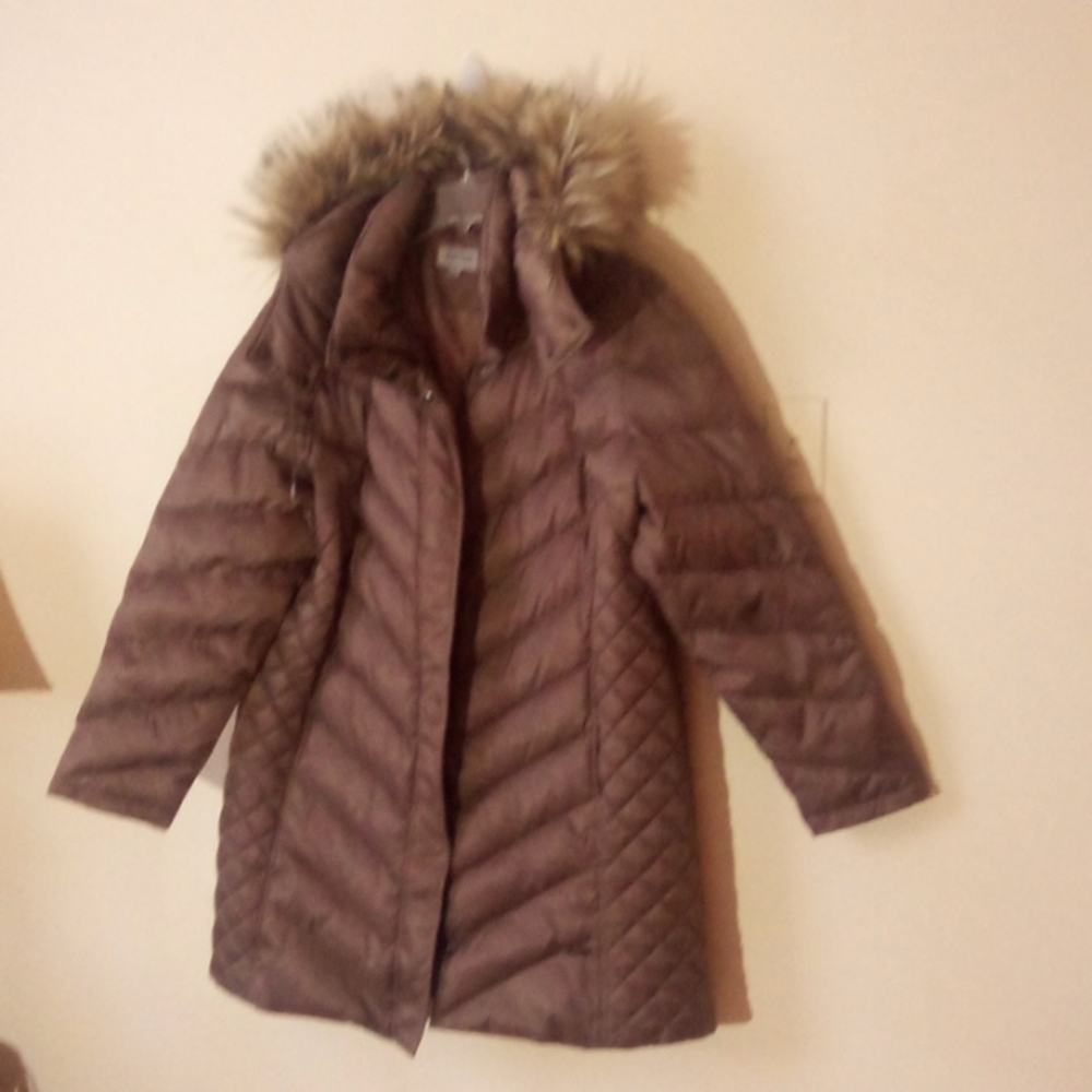 Kenneth Cole Reaction Faux Fur Hood Puffer Coat Taupe XXL